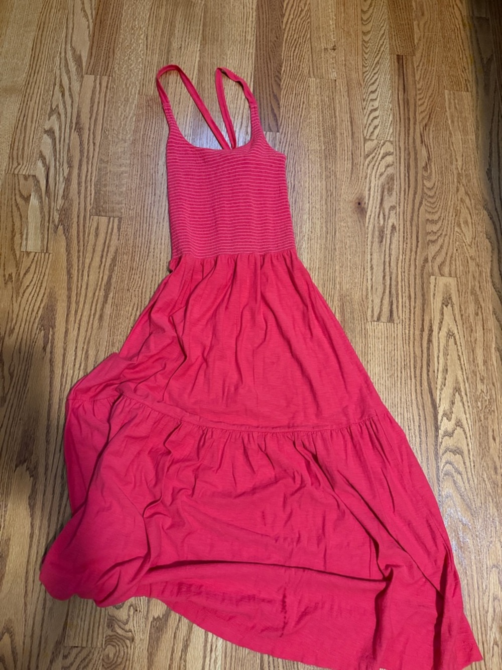 Nation LTD Coral Red Ribbed Bodice Tiered Maxi Dress